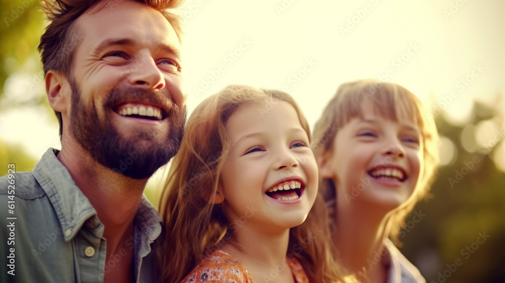 Fototapeta premium A portrait of a father with his daughters, happy family, parent time, banner, insurance concept