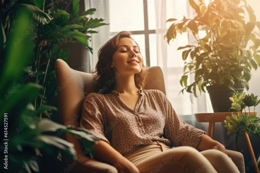 millennial woman sit in cozy chair in design home stretch relax breathe fresh air, AI Generative millennial woman sit in cozy chair in design home stretch relax breathe fresh air, AI Generative