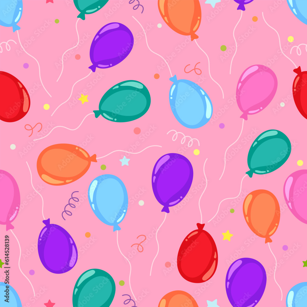 Colorful balloons with ribbons, stars, serpentine and dots on a calm pink background. Seamless party pattern. Celebration. Suit for packaging, wrapping paper. Clipping.