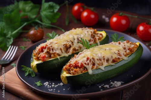 Zucchini halves stuffed with minced meat and tomatoes. Generative AI