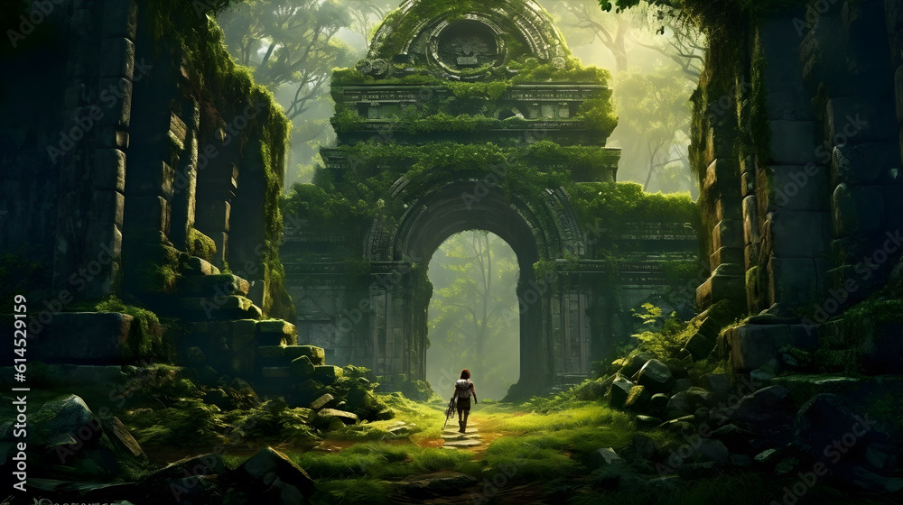 Obraz premium Exploring Ancient Ruins, A lone adventurer with a torch stands at the entrance of a crumbling stone temple, overgrown with vines and moss
