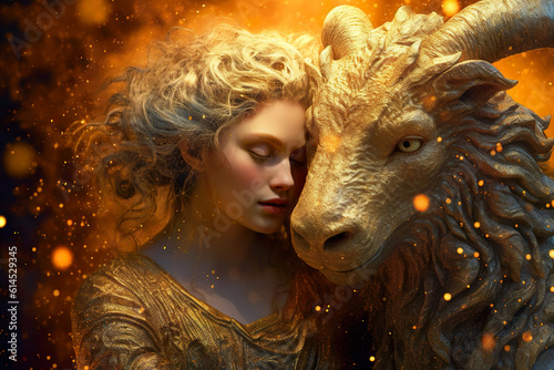 Zodiac sign of Capricorn, young woman and gold goat on sky background