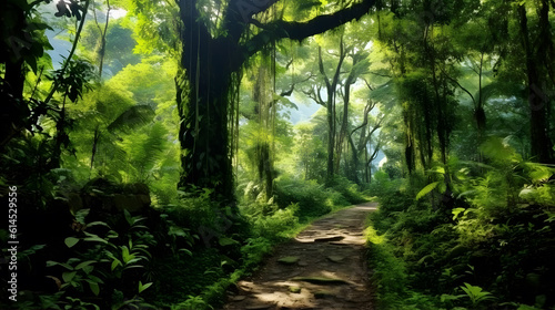 Exploring a Jungle  surrounded by lush vegetation  under a canopy of towering trees  feeling the warm and humid air.