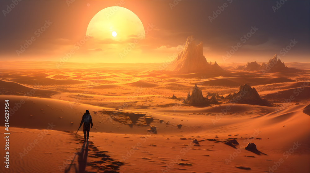 A lone traveler walking through a vast desert, under the scorching sun, surrounded by towering sand dunes