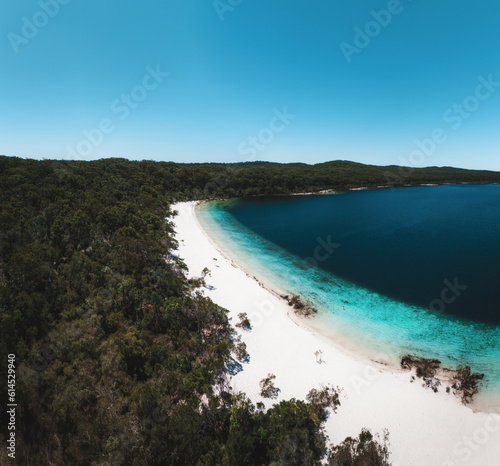 Aerial Drone shot Lake McKenzie, K'gari Fraser Island, Queensland, Australia.