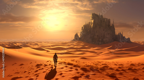 A lone traveler walking through a vast desert, under the scorching sun, surrounded by towering sand dunes