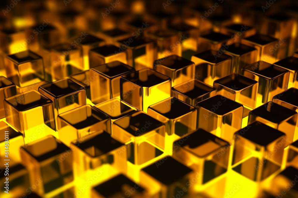 Gold and yellow geometric shapes, cubes.Transparent Cubes Background, yellow gold Glass Cube Pattern, Geometric 3d Crystals, Abstract Gold and yellow geometric shapes, cubes.Transparent Cubes Background, yellow gold Glass Cube Pattern, Geometric 3d Crystals, Abstract