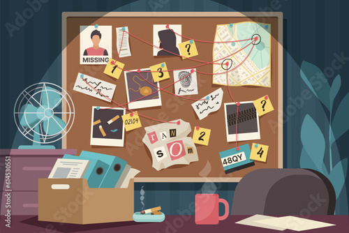 Evidence board in police office vector illustration. Cartoon interior of detectives room with desk, board on wall with elements of investigation connected by red thread to investigate murder case