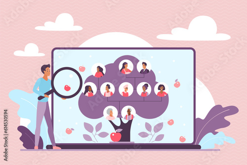 Family tree, genealogy online vector illustration. Cartoon tiny man with magnifying glass looking at laptop screen to study infographic flowchart, network of three generations with relatives portraits