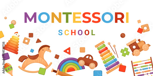 Montessori banner design vector illustration. Cartoon isolated cute rainbow wooden toys for early development of baby kids and preschool education in kindergarten, Montessori school lettering