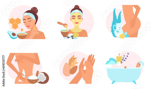 Natural homemade cosmetics set vector illustration. Cartoon girls apply beauty treatment and spa diy remedy from organic food ingredients, body and facial care with vitamins and essential oil