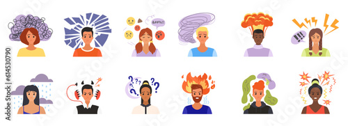 Fototapeta Naklejka Na Ścianę i Meble -  People with negative thinking and stress set vector illustration. Cartoon isolated unhappy man and woman with bad mood and weather over head, rain clouds and fire, sad emoji and confusion, questions