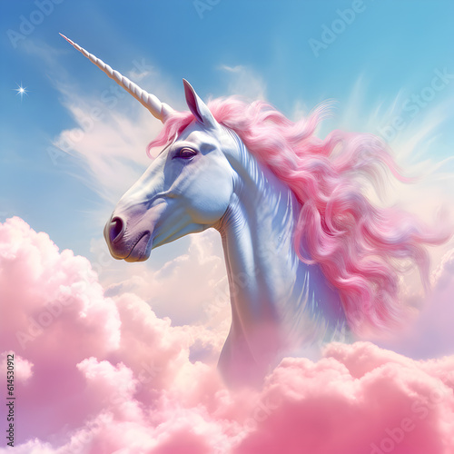 White unicorn with a pink mane on the blue sky, pink clouds and shinny day, funny