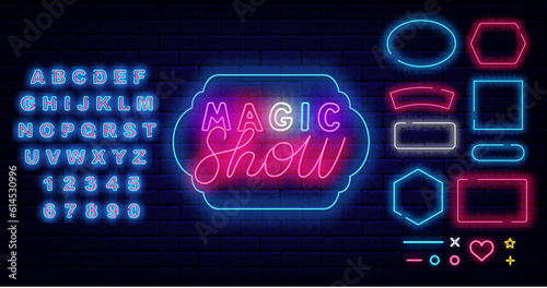 Magic show neon label. Colorful handwritten text. Shiny blue alphabet. Shiny phrase. Vector stock illustration