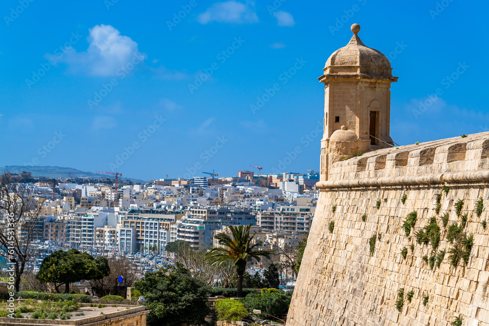 Malta Island, view from vedette watch tower at the Fort Saint Michael on a  new quarter of valletta.
