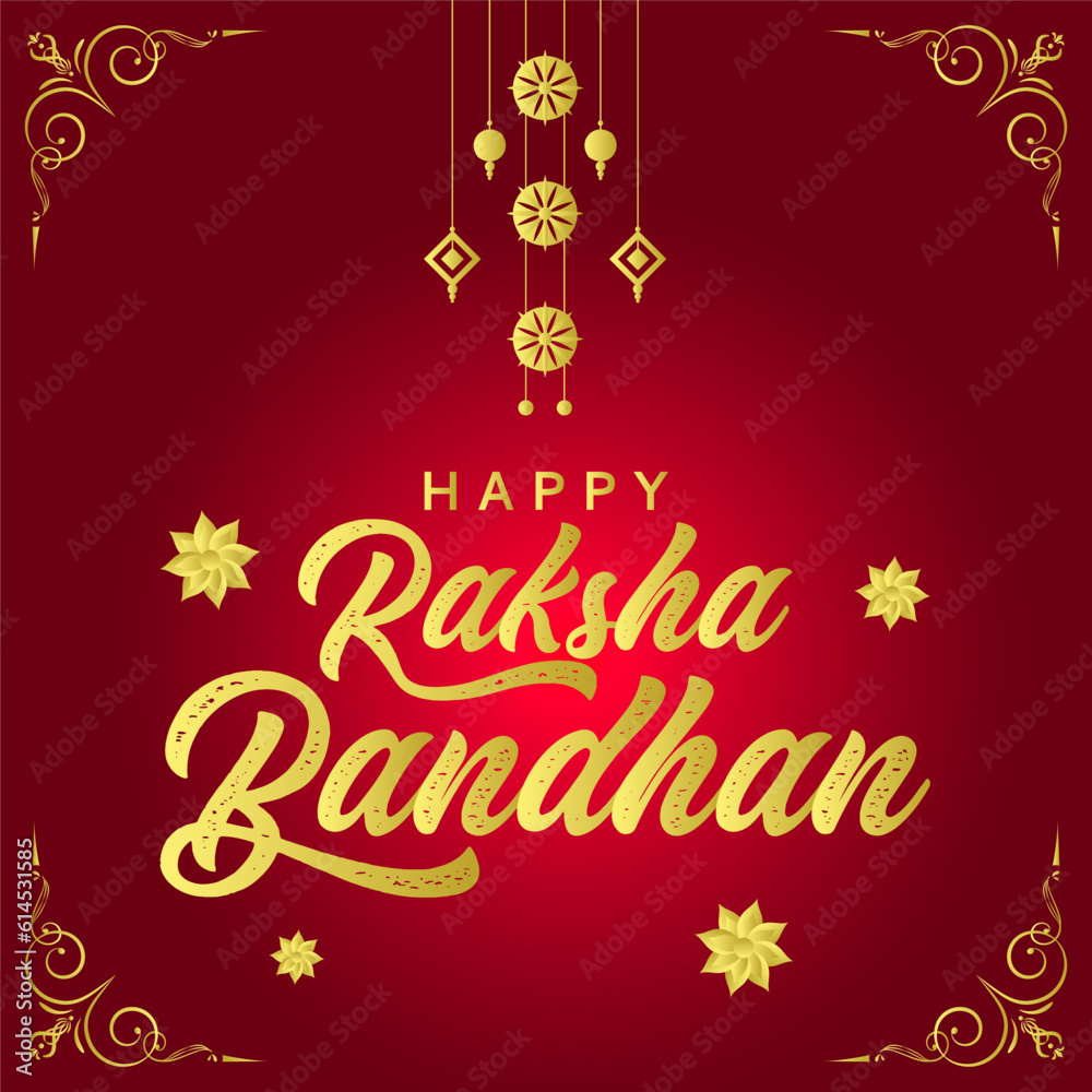 Happy Raksha Bandhan red background with decorative Rakhi with gold color.