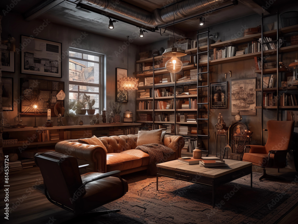 Jaw-Dropping Industrial Bookcase and Cozy Armchair Combo: Prepare to Be Amazed! Industrial, Interior