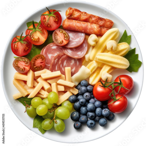 Top view of delicious plate with cheese, sausage and vegetable isolated on a white background, generative AI