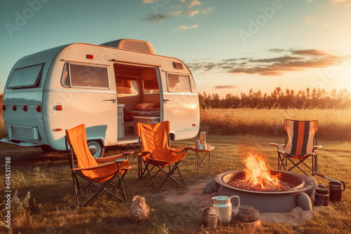 Family traveling in camper,house on wheels,trailer,motor home. Romantic road travel,freedom life.Campsite overnight, parking in van.Wanderlust vacation,weekend. Happy adventure.Relax area with chairs