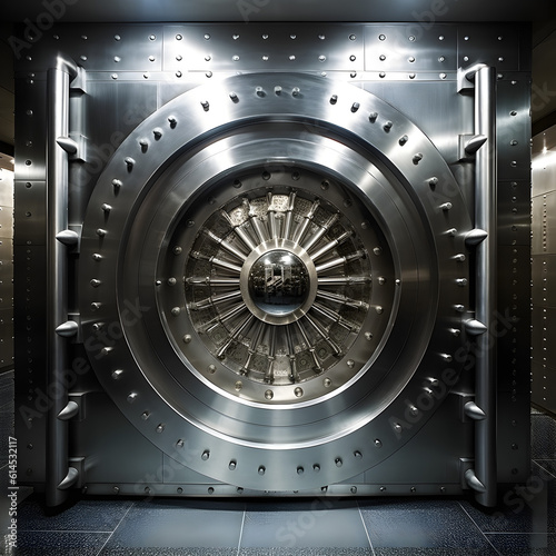 Bank vault door, solid metal security vault door. Advanced bank security vault designed to store money, documents, and other valuable financial assets, generative ai. 