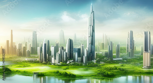 Futuristic city with tall buildings by the river with copy space digital art