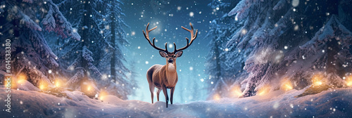 Christmas banner with magical scene of reindeer in show with Christmas lights and stars with copy space created with Generative AI technology