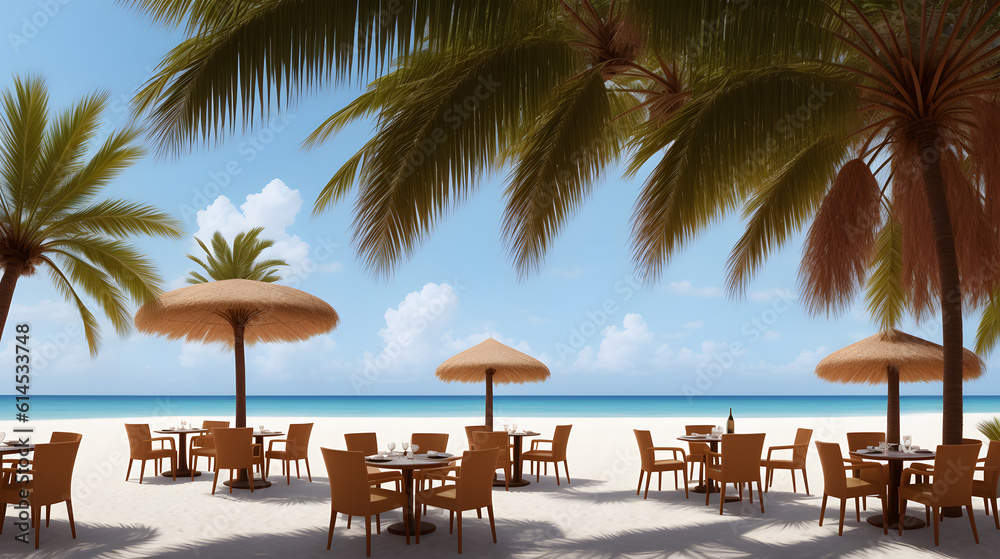 Cocktails on a tropical beach with palm trees and turquoise water. Cocktails under an umbrella on a table. Summer vacation concept. Teasty cocktail. Beautyful background. Generative AI technology.