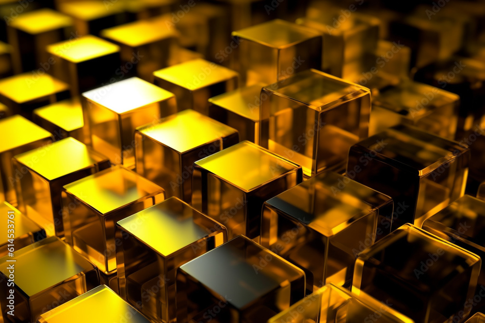 Gold and yellow geometric shapes, cubes.Transparent Cubes Background, yellow gold Glass Cube Pattern, Geometric 3d Crystals, Abstract Gold and yellow geometric shapes, cubes.Transparent Cubes Background, yellow gold Glass Cube Pattern, Geometric 3d Crystals, Abstract