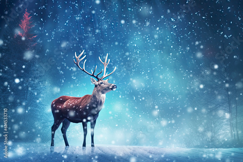 Christmas banner with magical scene of reindeer in show with Christmas lights and stars with copy space created with Generative AI technology
