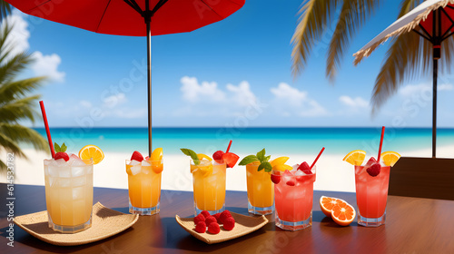 Cocktails on a tropical beach with palm trees and turquoise water. Cocktails under an umbrella on a table. Summer vacation concept. Teasty cocktail. Beautyful background. Generative AI technology.