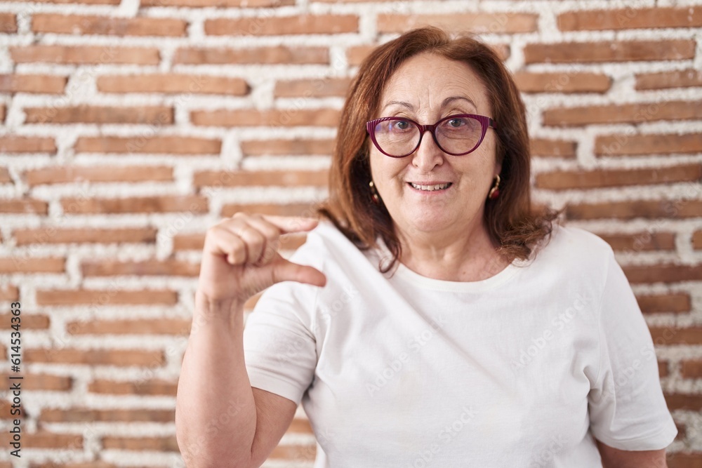 Senior woman with glasses standing over bricks wall smiling and confident gesturing with hand doing small size sign with fingers looking and the camera. measure concept.