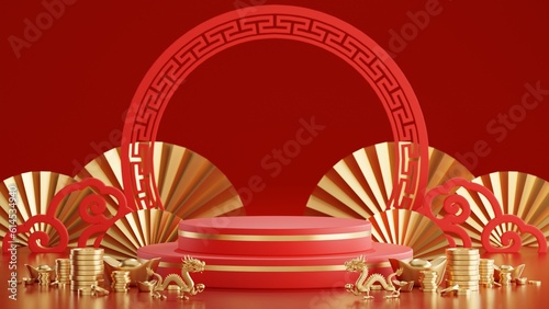 3d rendering illustration of podium round stage podium and paper art chinese new year, chinese festivals, mid autumn festival , red and gold ,flower and asian elements on background..