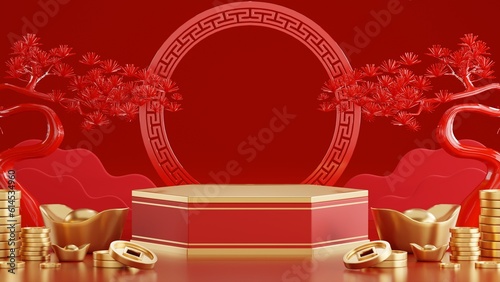 3d rendering illustration of podium round stage podium and paper art chinese new year  chinese festivals  mid autumn festival   red and gold  flower and asian elements  on background..