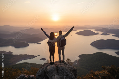 Travel concept with happy couple at mountain top. 