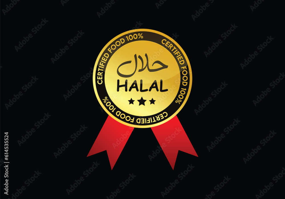 Halal food sign, Approved badge and certified food for muslim ,Vector halal label in gold style Halal food sign, Approved badge and certified food for muslim ,Vector halal label in gold style