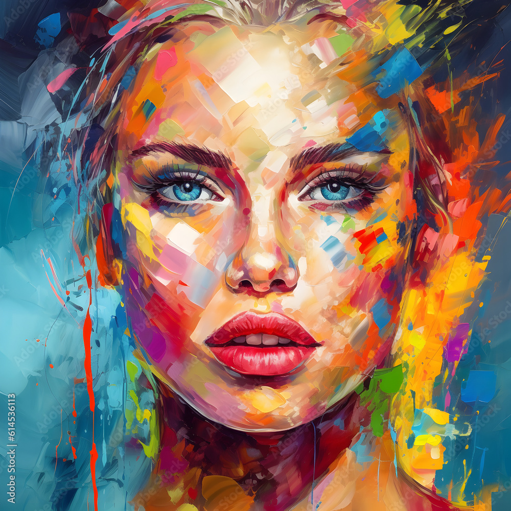 The beautiful face with blue eyes, painted with short strokes of paint in rainbow colors, colorful