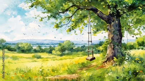 Bright landscape view in a summer meadow with tree and rope swing. hand painted watercolor illustration drawing, Generative AI.