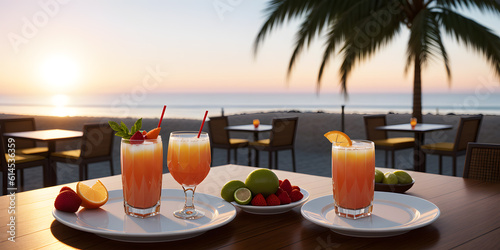 Cocktails on the beach at sunset. Teasty cocktail. Beautyful background. Generative AI technology.