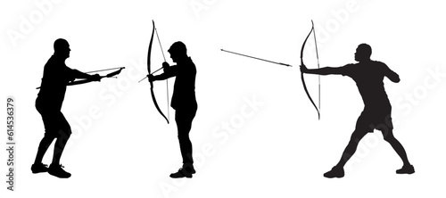 Archer silhouettes set isolated on white background. Man archer bending bow and aiming in target. Sportsman holds the bow and arrow. Men shooting arch. Stock vector illustration