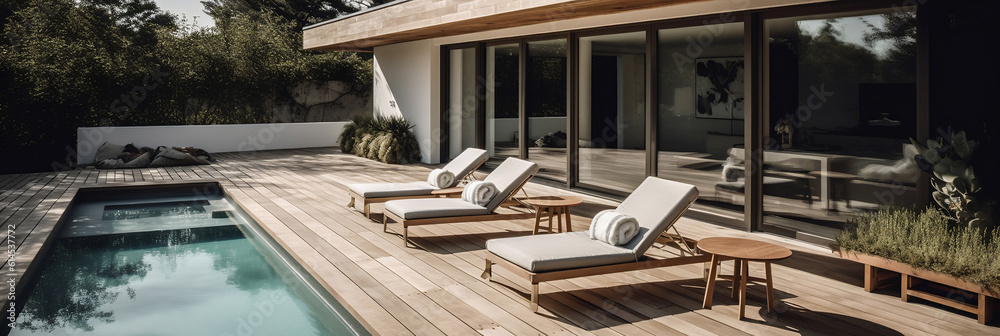 Wooden terrace with sofas and sun loungers by the pool, Generative AI