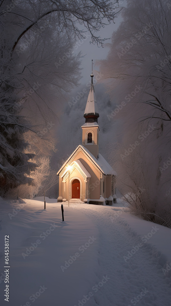 White chapel in winter landscape