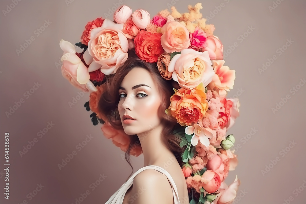 Fashion Woman with flowers. Model girl face with roses. Red Lips and Makeup. generative AI tools