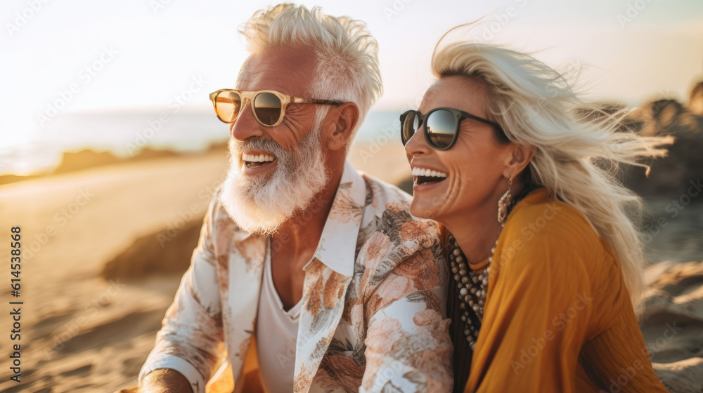 A portrait of an older couple with grey hair having fun and laughing on a beach A portrait of an older couple with grey hair having fun and laughing on a beach