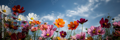 Vibrant cluster of cosmos flowers against a colorful background and blue sky, Generative AI