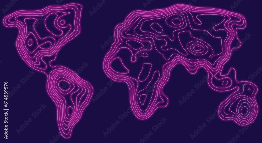 World map in pink neon curvy topology style