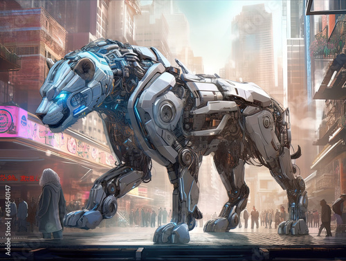 Robotic Lion in Futuristic Metropolis