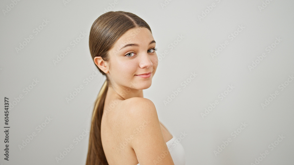 Young beautiful girl smiling confident standing over isolated white background Young beautiful girl smiling confident standing over isolated white background