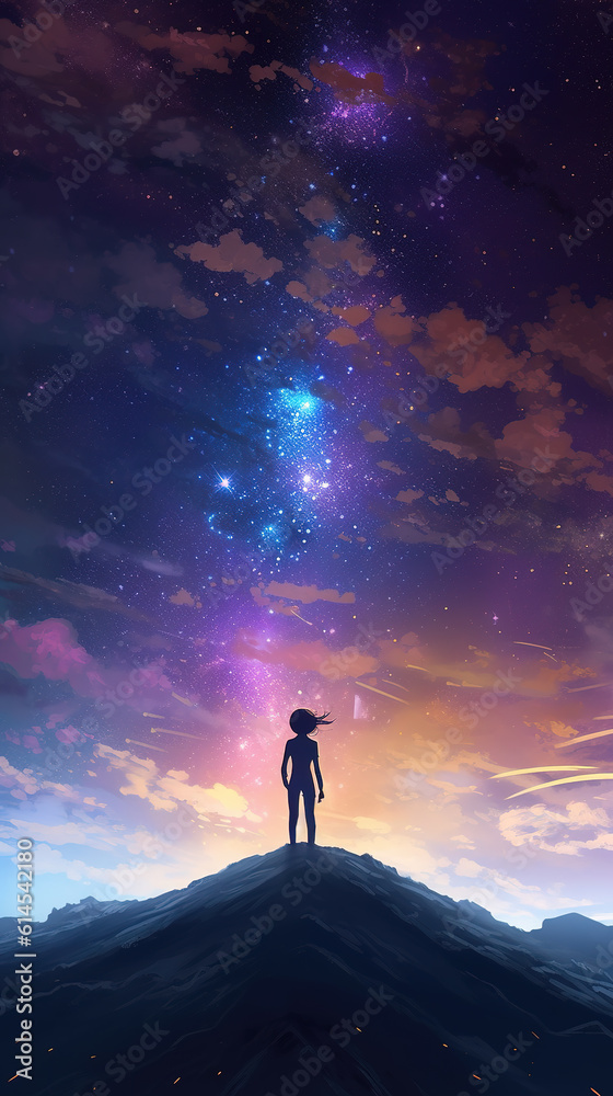 Fototapeta premium a lightning star in the sky above a brave anime girl, ai generated image