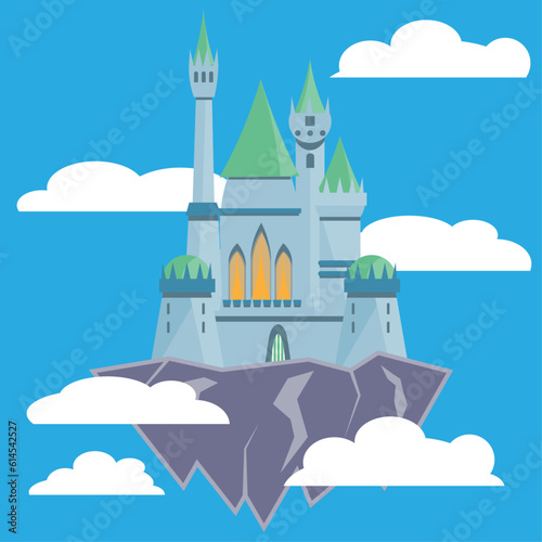 Flying vector fairy tale castle on mountain in sky