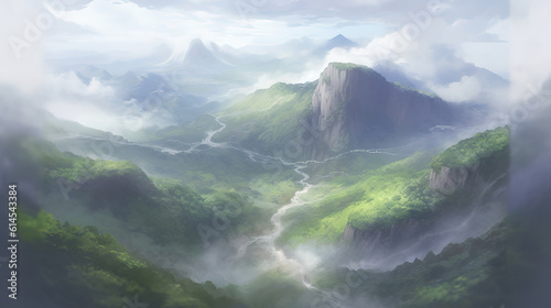 a foggy anime manga landscape illustration, ai generated image